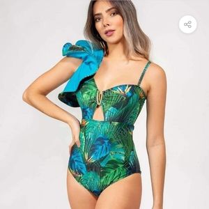 OVERSIZED RUFFLE TROPICAL PRINT ONE SHOULDER BRAZILIAN ONE PIECE SWIMSUIT